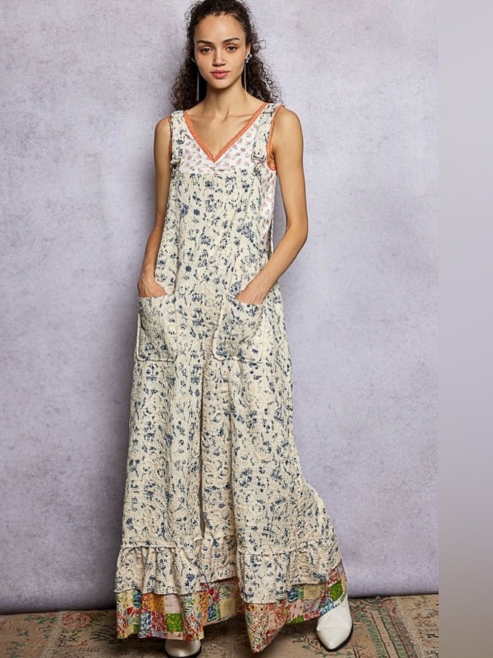 New: POL Garden Party Floral Embroidered Colorful Ruffle Hem Jumper Overalls• S